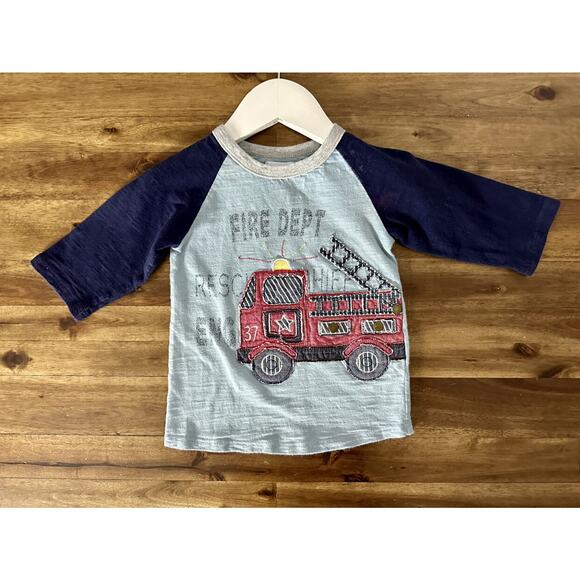 Mud Pie Blue Navy Red Firetruck Applique Raglan Cotton Knit Tee Top Boy 24M/2T - Picture 2 of 8